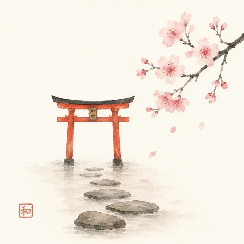 鳥居と桜の水彩画
